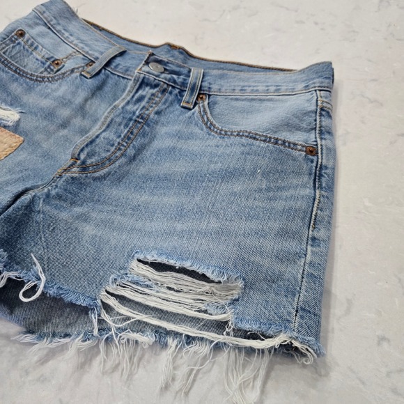 Levis 501 Original Womens Light Wash Distressed Cut Off Denim Shorts Patched - Picture 3 of 9